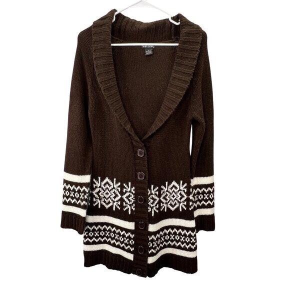 Vintage Y2K Wet Seal Cardigan Duster Sweater M Brown Long Nordic Fair Isle - Picture 1 of 5